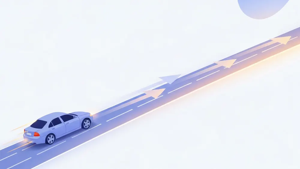 A car speeding up along a track with velocity arrows growing longer to show positive acceleration