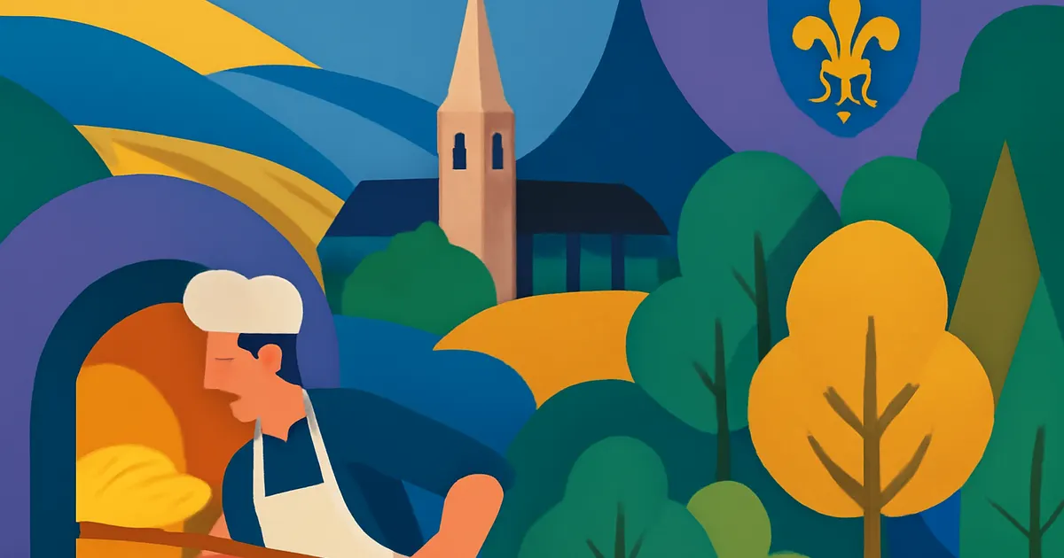 Colorful flat illustration of French surnames with symbols of saints, trades, and villages