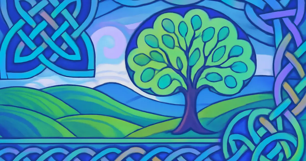 Illustrated collage of common Irish surnames with Celtic knot patterns and a green rolling landscape
