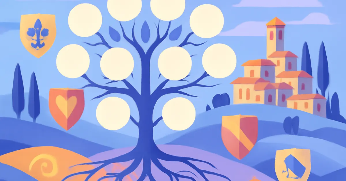 Colorful flat illustration of an Italian family tree with rolling hills, a village, and heraldic shields