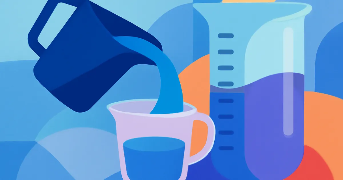 Colorful illustration of measuring cups filling with liquid next to milliliter markings