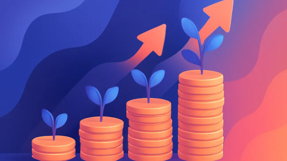 Rising staircase of coin stacks representing retirement savings growing with age