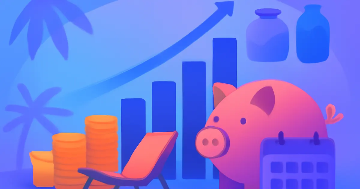 Flat illustration of a growing retirement nest egg with coins, charts and a relaxed beach chair