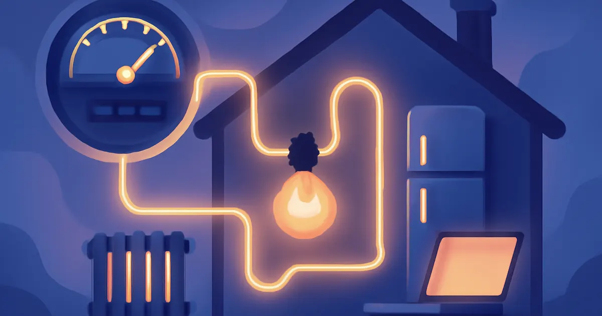 Illustration of home appliances connected to an energy meter showing electricity cost calculation
