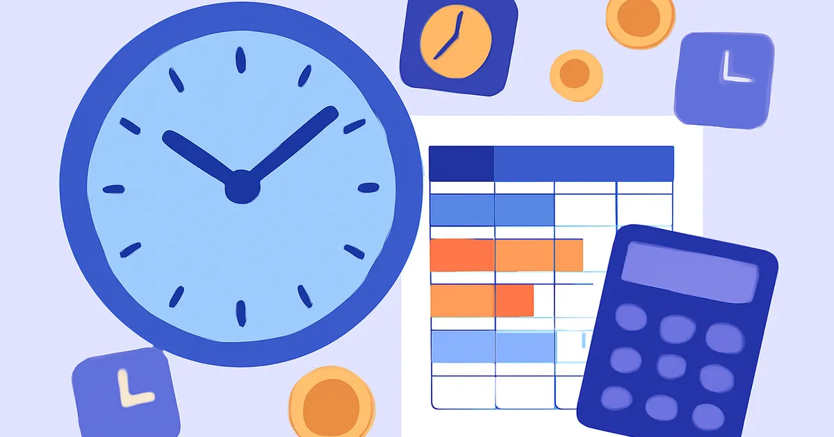 Illustration of a clock, timesheet, and calculator showing how to calculate hours worked