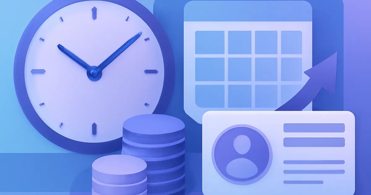 Flat illustration of a clock, timesheet, and paycheck showing overtime hours being calculated