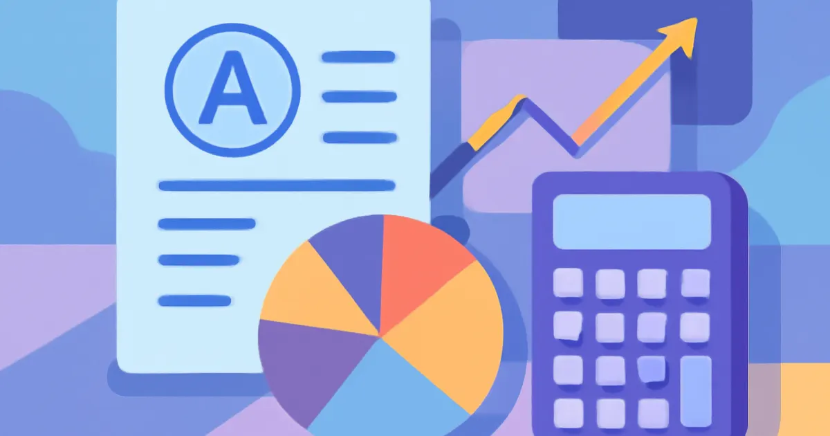 Colorful illustration of a report card, calculator, and rising grade chart on a desk