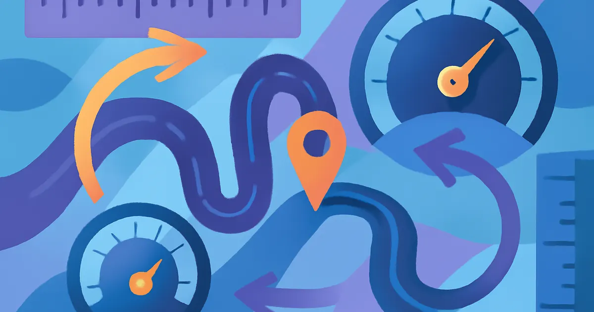 Colorful flat illustration of a ruler and road distance markers showing miles converting into kilometers