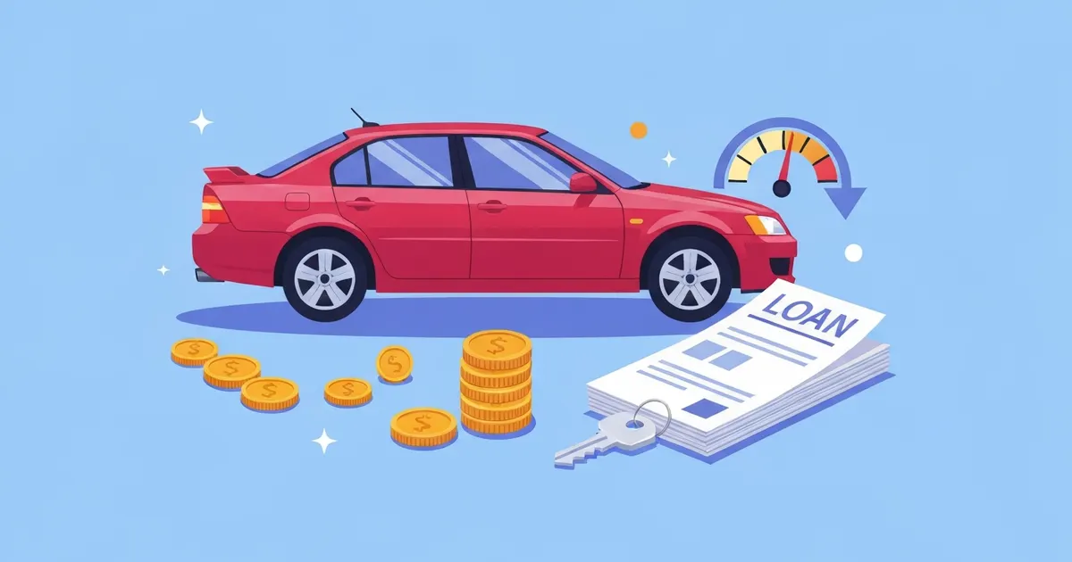 Illustration of a car, a falling interest rate gauge, and loan paperwork representing refinancing an auto loan