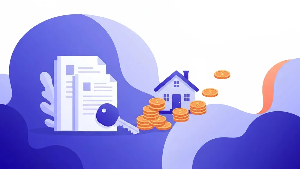 Conceptual illustration of a house key, a document, and coins sorted into labeled groups of fees