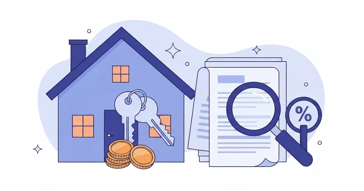 Illustration of a house, a stack of paperwork, coins, and a set of keys representing mortgage closing costs