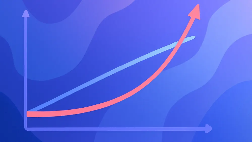 Two lines rising over time, one showing total money contributed and a steeper one showing growth with compounding