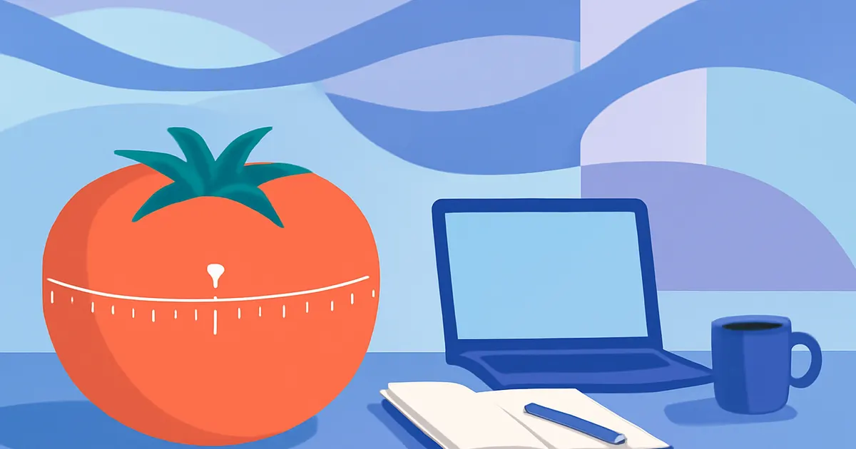 Illustration of a tomato shaped kitchen timer beside a focused workspace representing the Pomodoro Technique